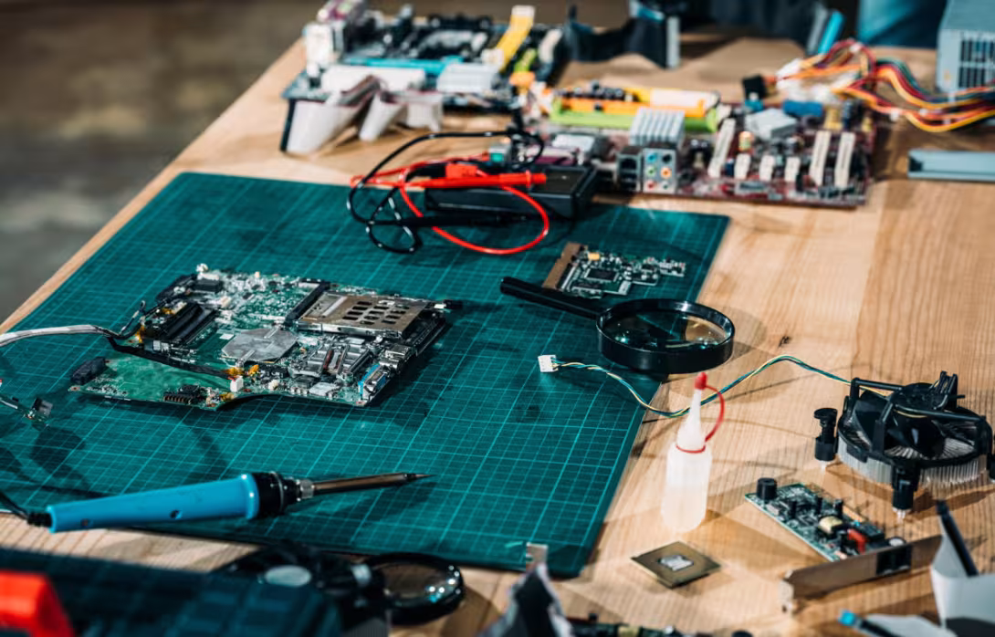 A workstation filled with circuit boards and tools showcases the process of electronics repair. Precision and creativity come together to restore technology back to life.